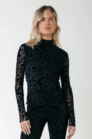 Tops<Colourful Rebel Neyo Leopard Flock Mesh Top | Black