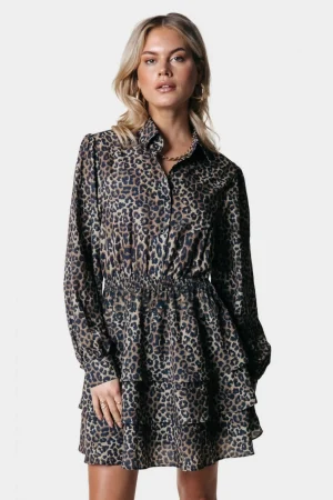 Jurken<Colourful Rebel Sacha Leopard Ruffle Dress | Warm Brown Warmbrown